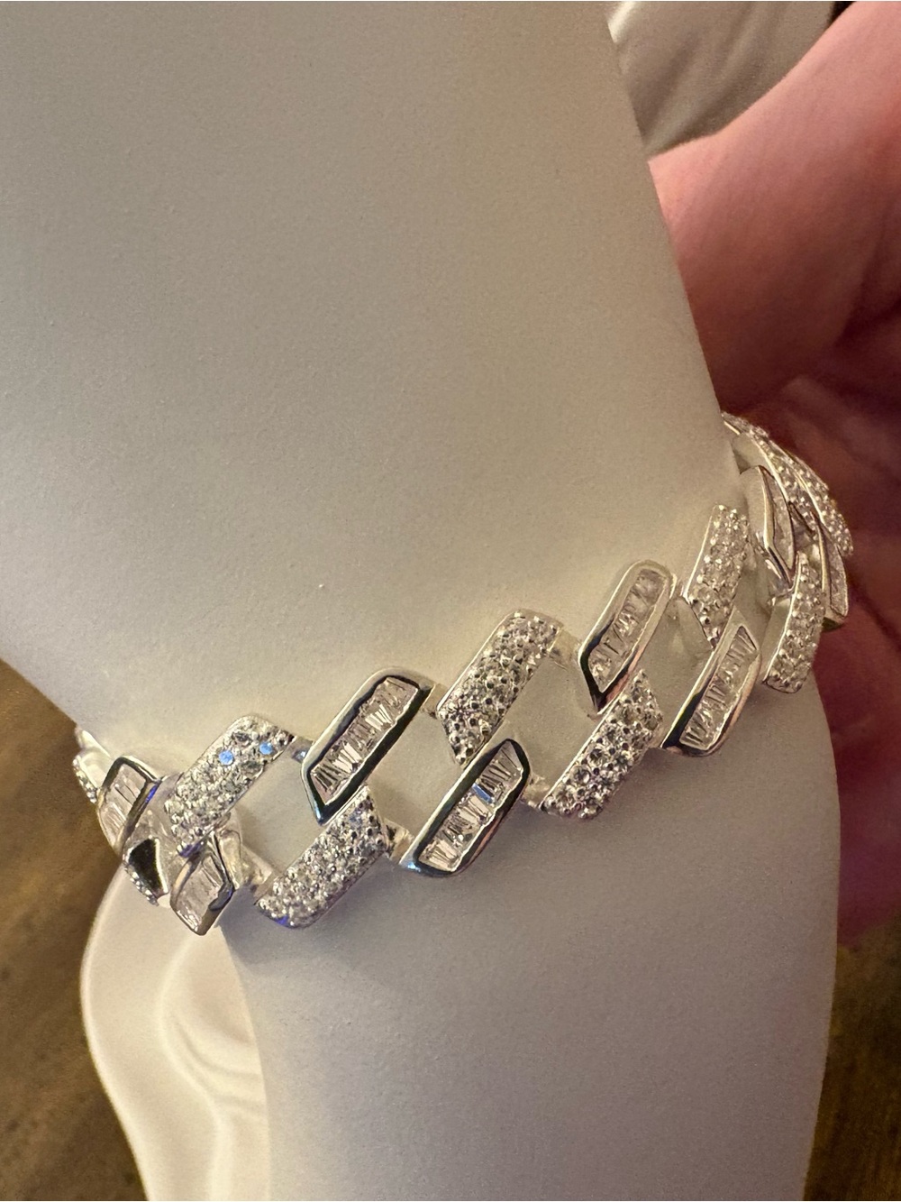925 Sterling Silver Iced CZ Curb Link Bracelet 8” 29.4g Baguette Stones